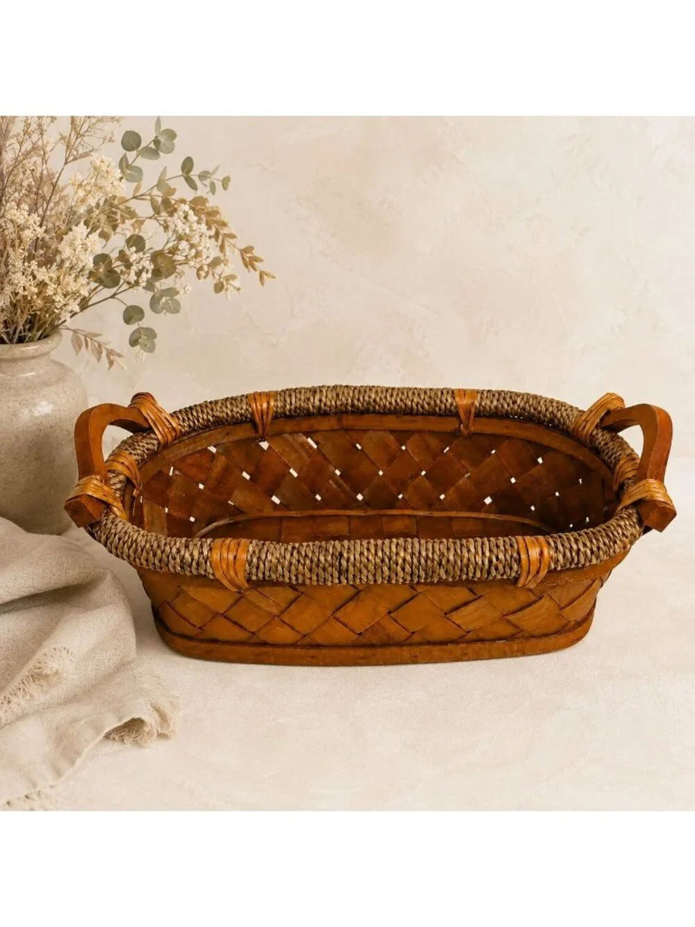 Woven Rustic Decorative Basket Wood Chip Style Oblong Farmhouse VTG Honey Brown